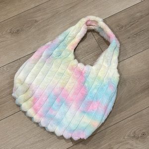 Women’s fuzzy rainbow pastel handbag